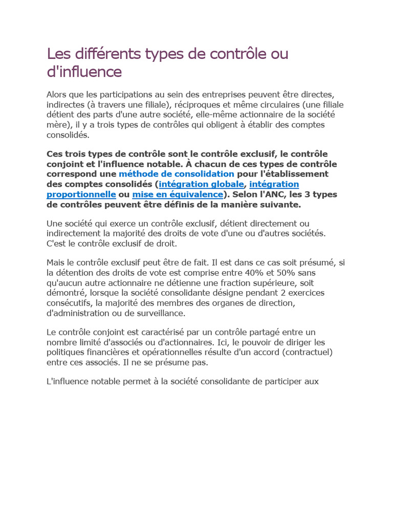Types de contrôle en consolidation | PDF