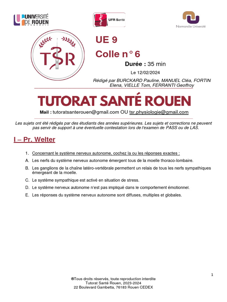 Colle 6 - Sujet | PDF | Myéline | Sommeil