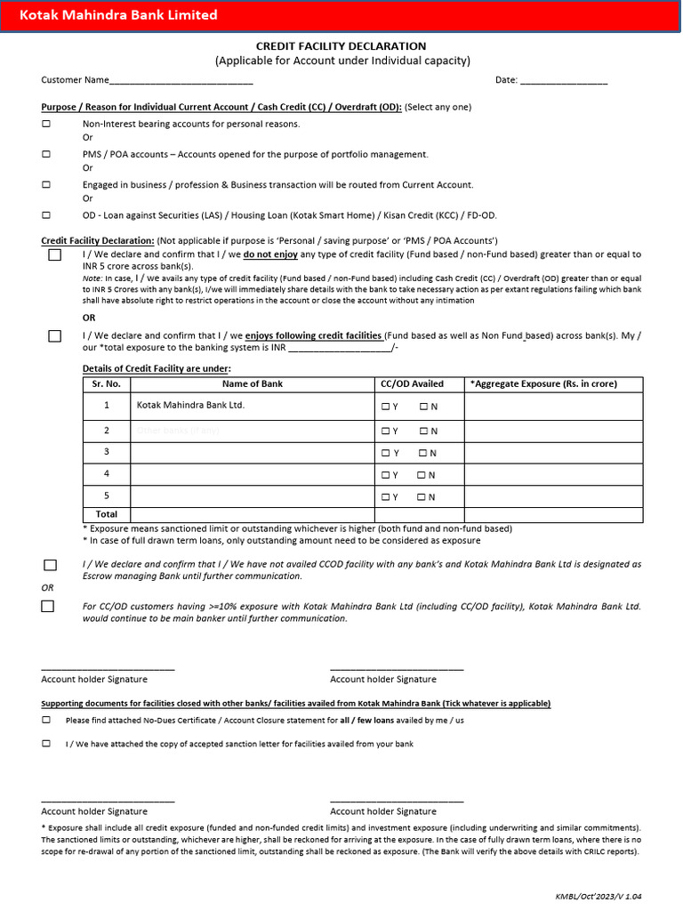 Credit Facility Declaration Form | PDF