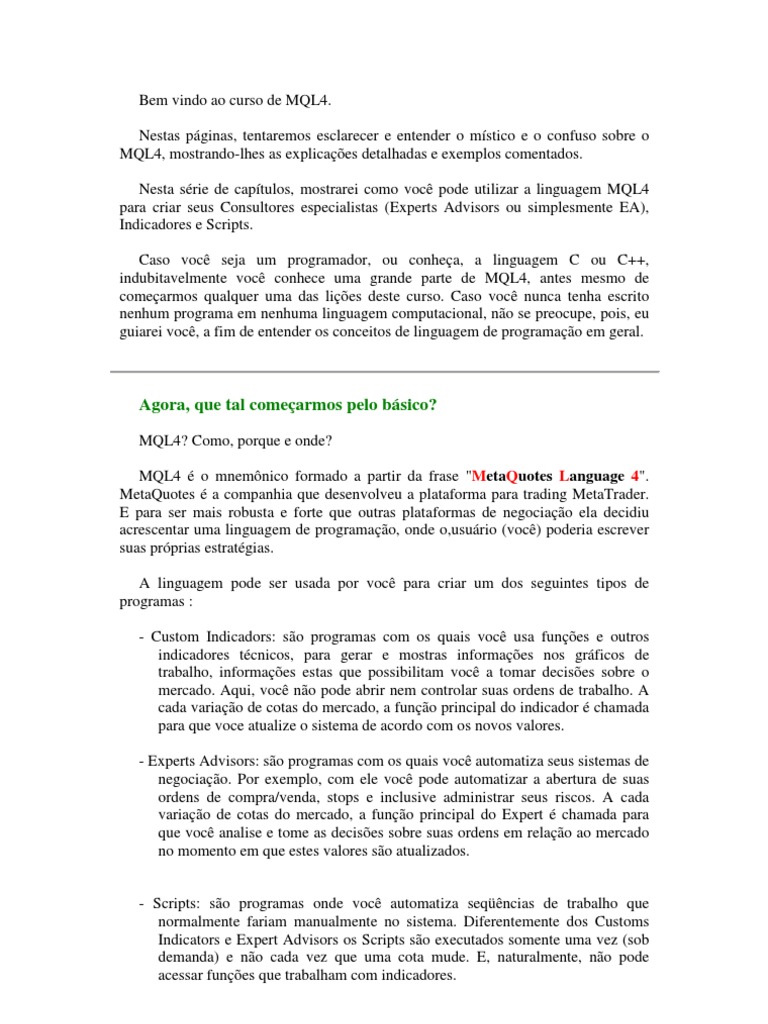 Bem Vindo Ao Curso de MQL4 | PDF | Compilador | Linguagem de programação