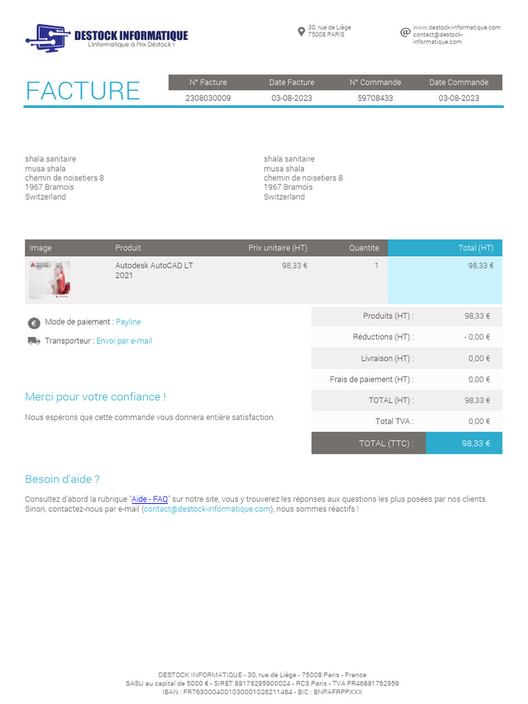 Facture AutoCAD LT 2021 - Destock Informatique | PDF