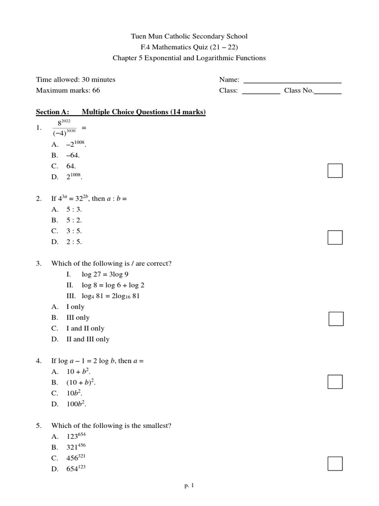 5 Exponential and Logarithmic Functions Quiz 2122 Student LESS SPACE PDF Logarithm Interest
