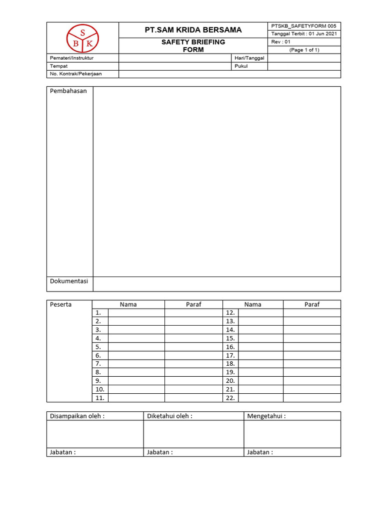 Safety Briefing Form PDF