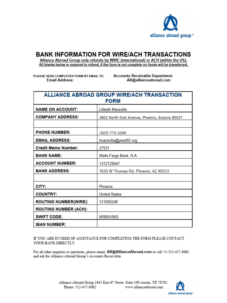Alliance Abroad Group Wire Transaction Refund Request Form | PDF