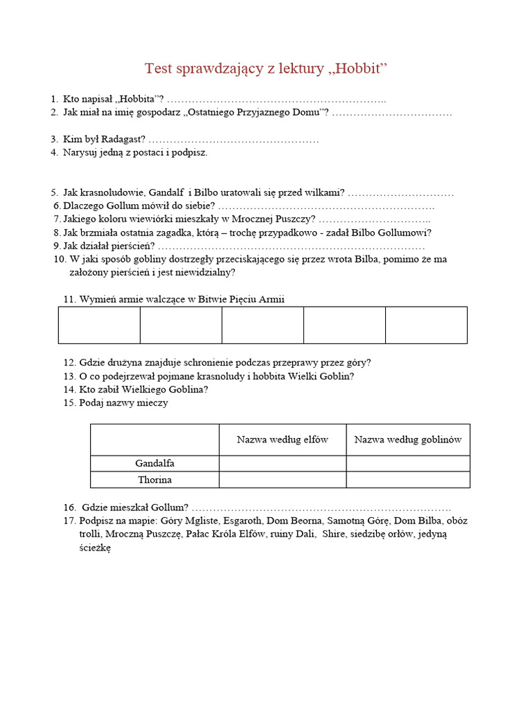 Sprawdzian Z Hobbita Klasa 6 Test Sprawdzający Z Hobbita | PDF