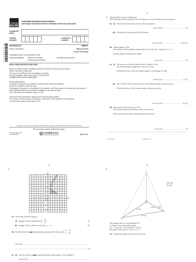 Cambridge IGCSE Mathematics Exam Instructions | PDF | Volume | Metrology