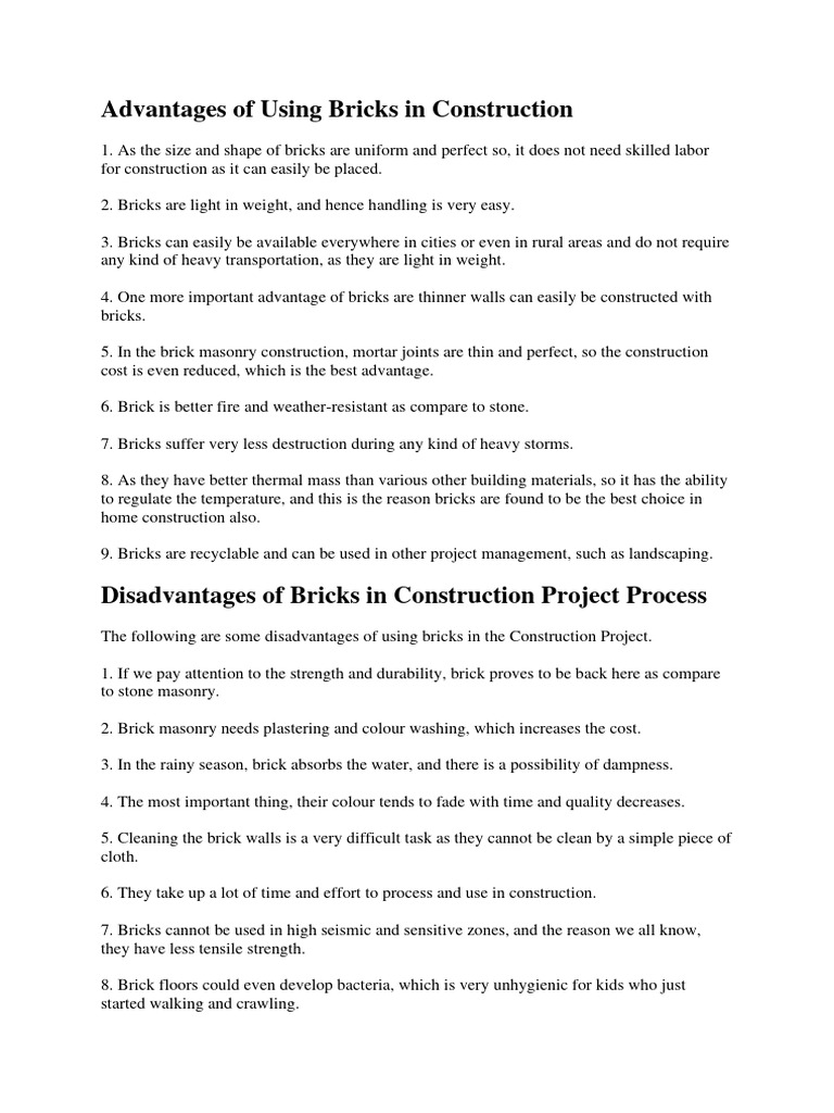 Advantages and Disadvantages of Using Bricks in Construction PDF