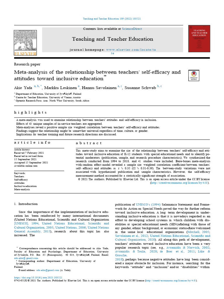 Teachers' Self-Efficacy and Inclusion Attitudes | PDF | Self Efficacy ...