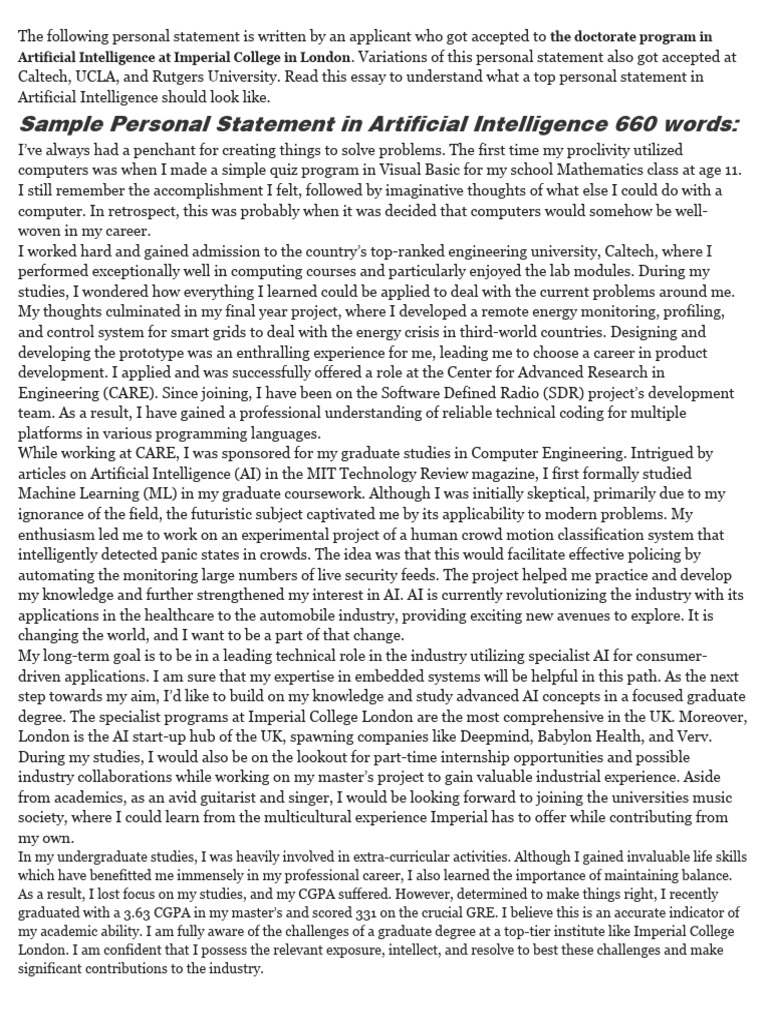 Personal Statement for AI Master's at Imperial | PDF | Artificial ...