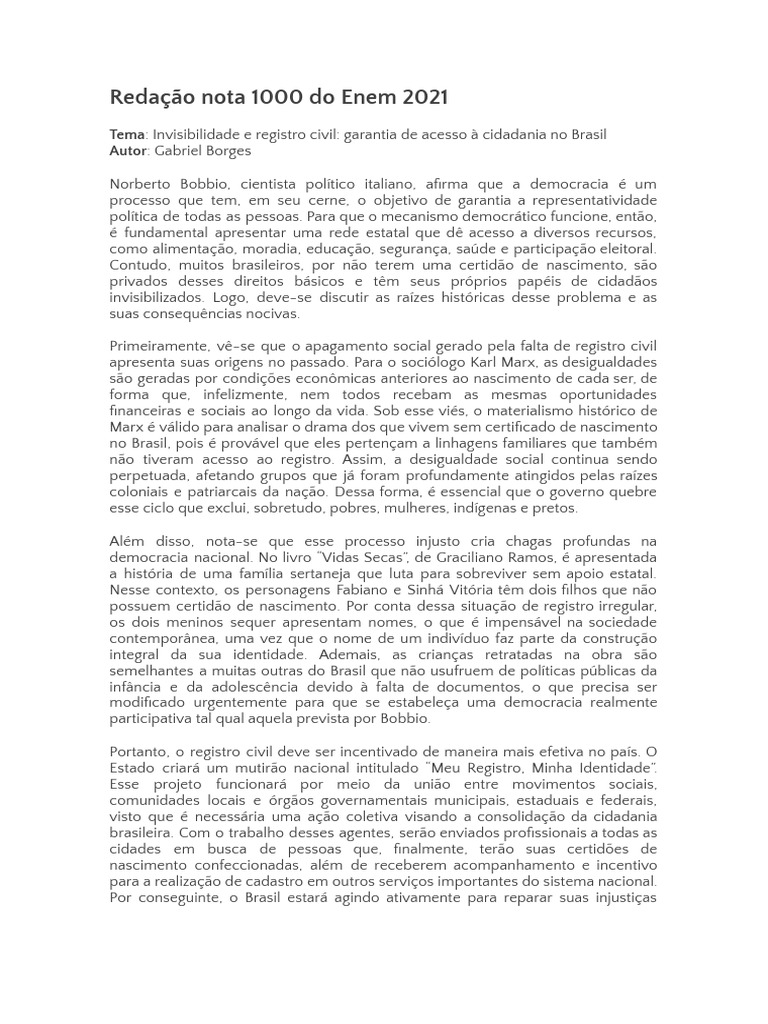 Redação Nota 1000: Invisibilidade Civil Brasil | PDF | Ciências Sociais