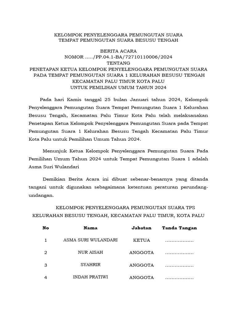 Format Ba Kpps Penetapan Ketua Kpps | PDF