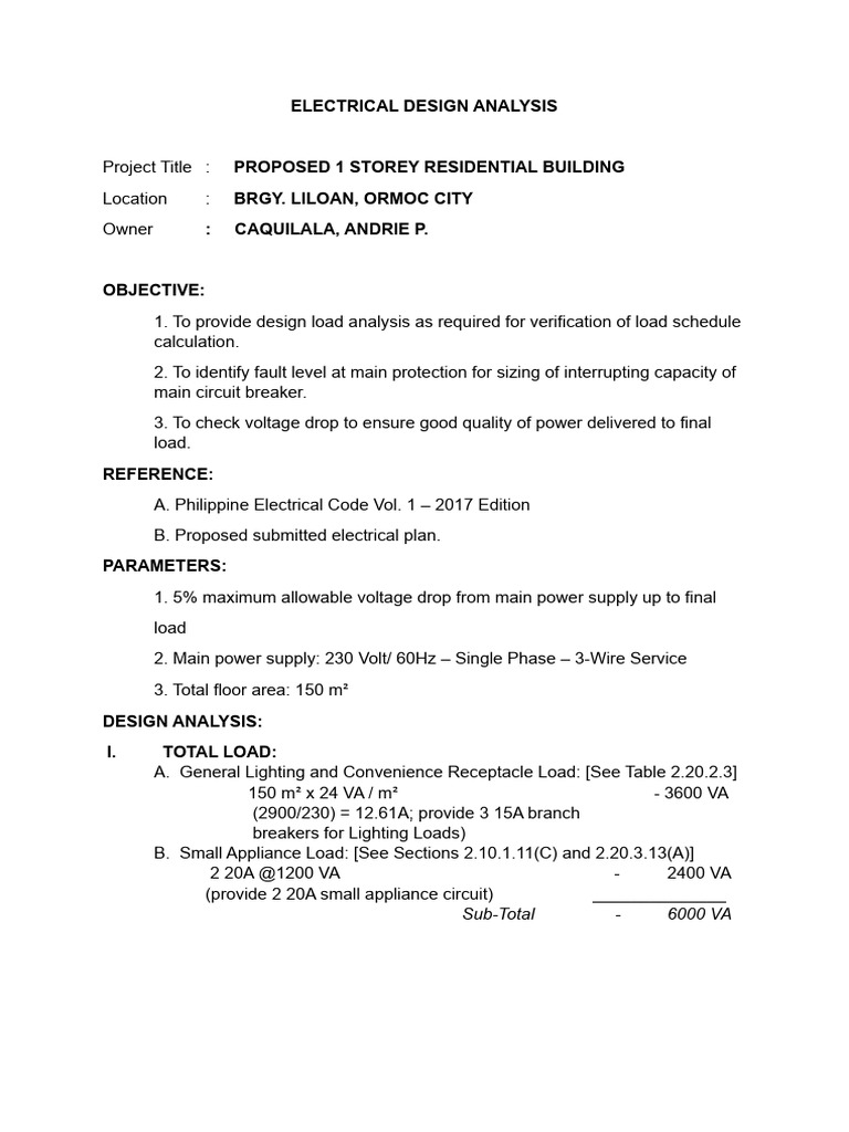 Electrical Design Analysis for Residential Building | PDF | Mains ...
