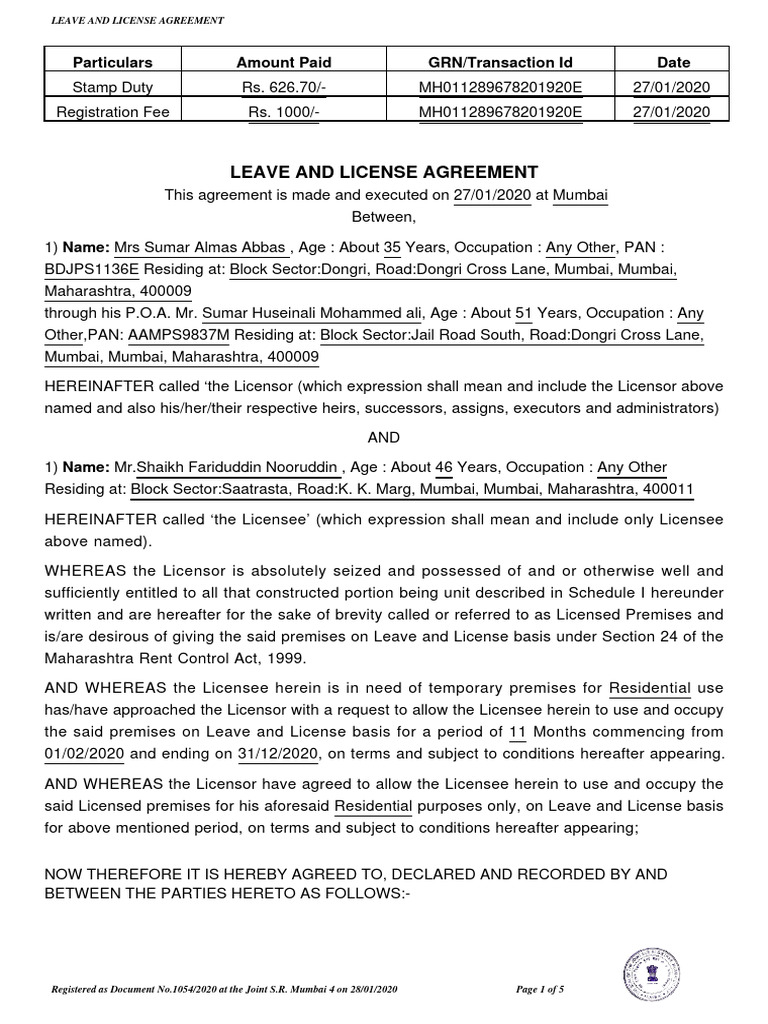 Leave and License Agreement: Particulars Amount Paid GRN/Transaction Id ...