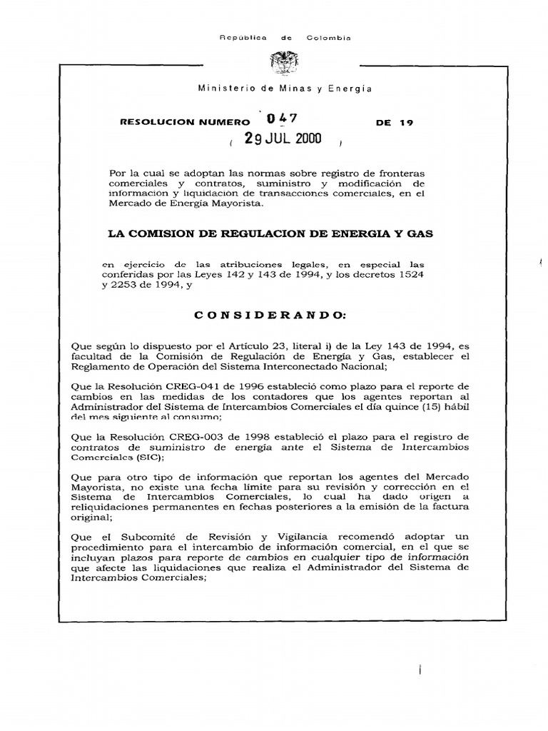 2012 04 24 CREG R047 Procedimiento De Registro De Fronteras 