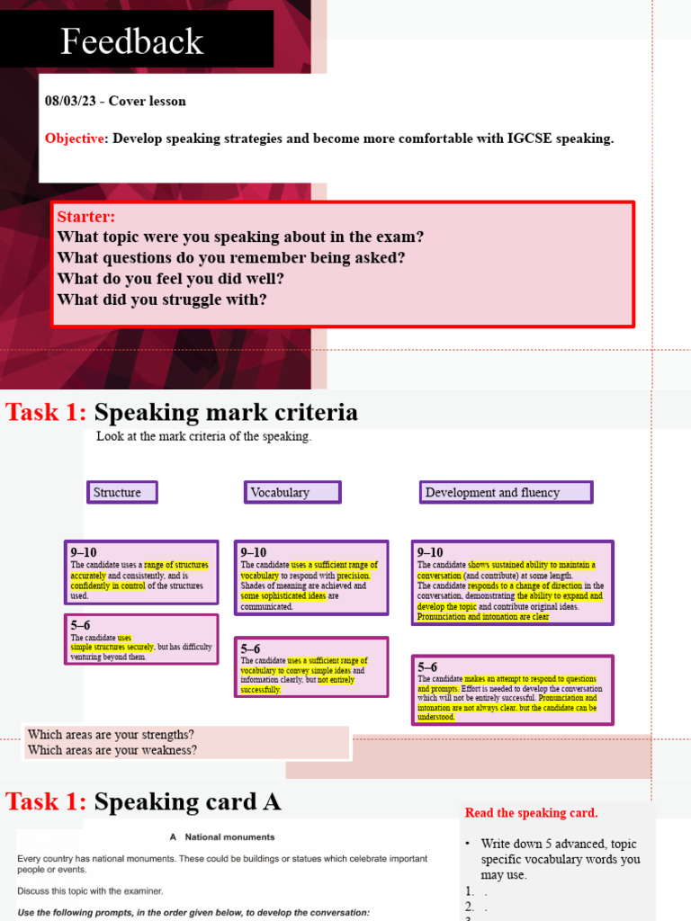 IGCSE Speaking Strategies and Feedback | PDF | Vocabulary | Idiom
