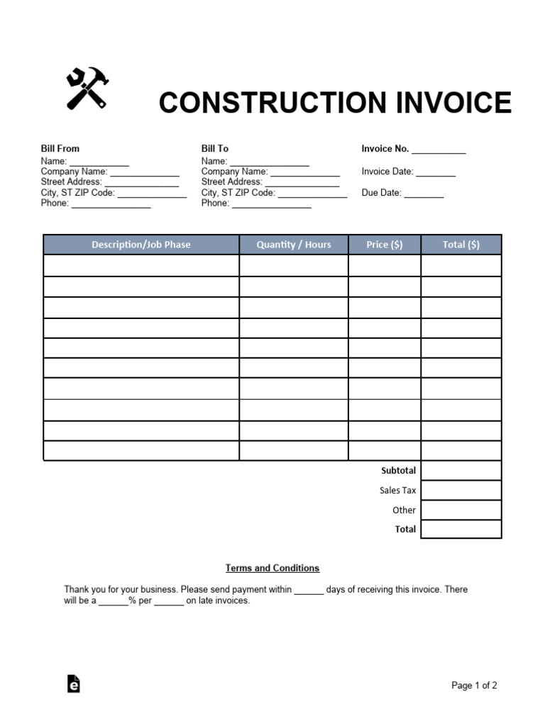 Construction Invoice Template Download Free PDF Credit Card Payments