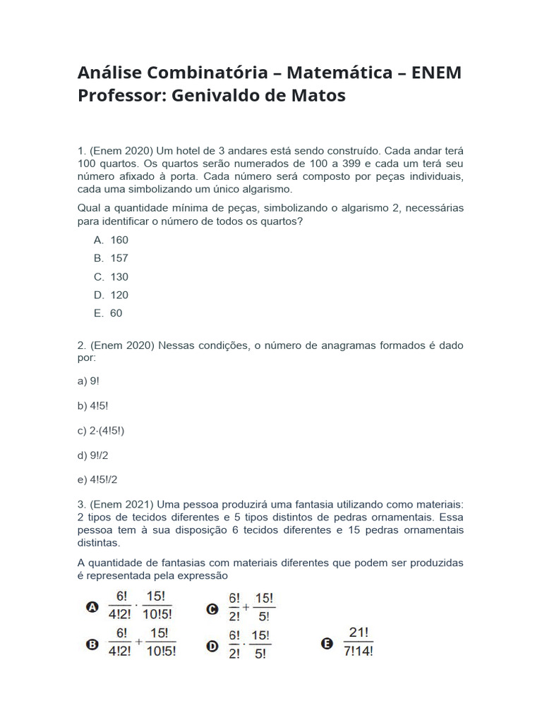 Análise Combinatória para o ENEM | PDF