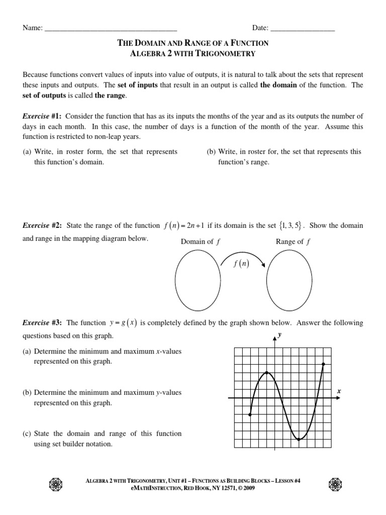 Domain and Range of Functions Exercises | PDF | Function (Mathematics ...