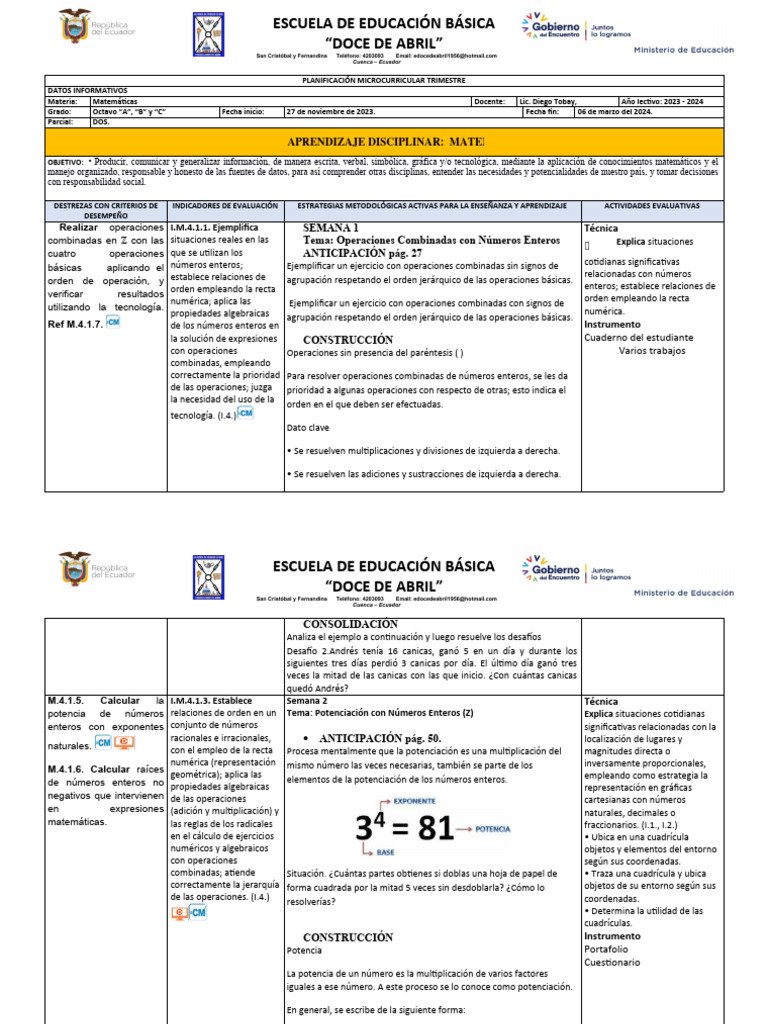 Micro 2 Matematicas - 8vo | PDF | Ecuaciones | Exponenciación