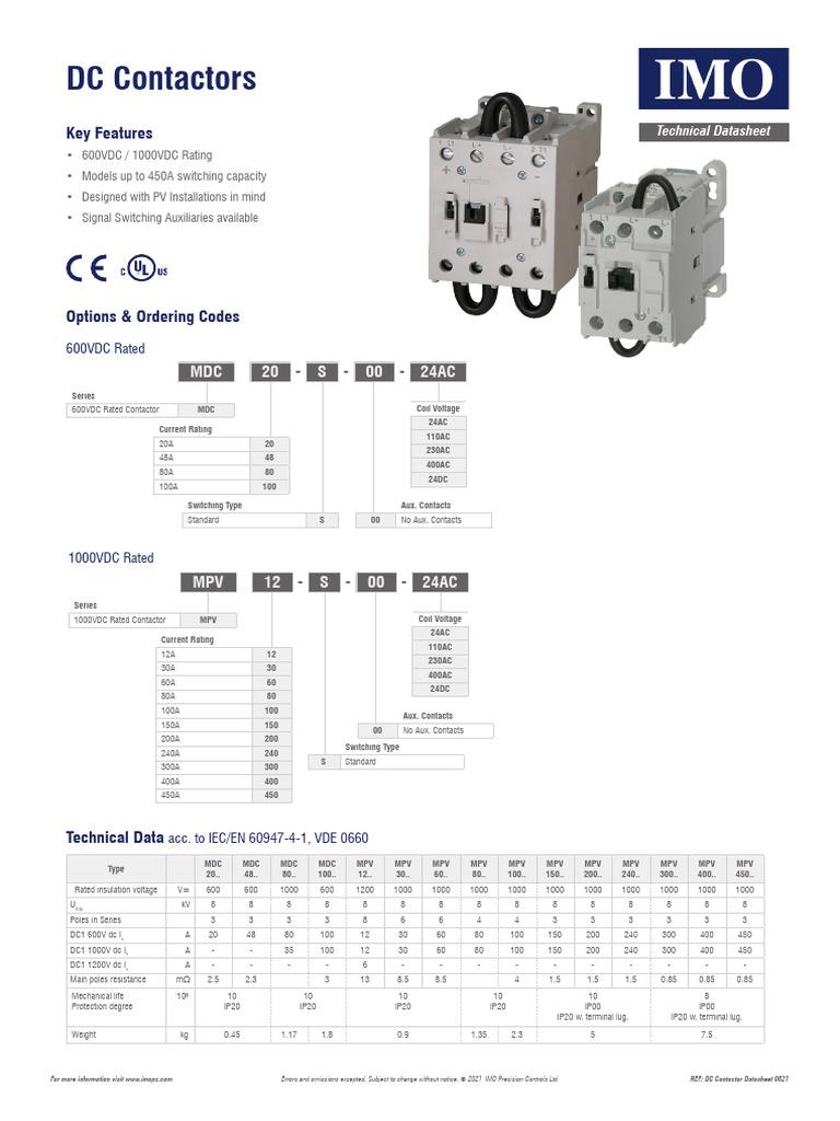 DC Contactors Technical Datasheet | PDF