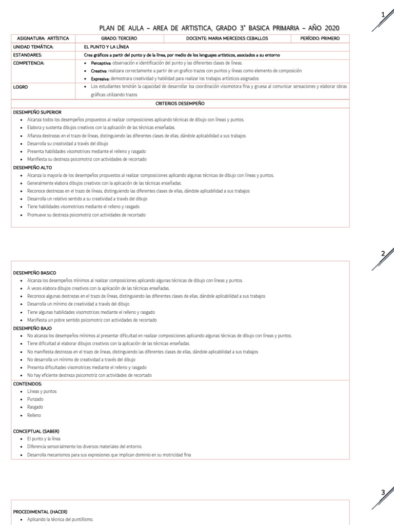 Plan de Aula - Area Artistica - Grado Tercero Primaria | PDF | Dibujo ...