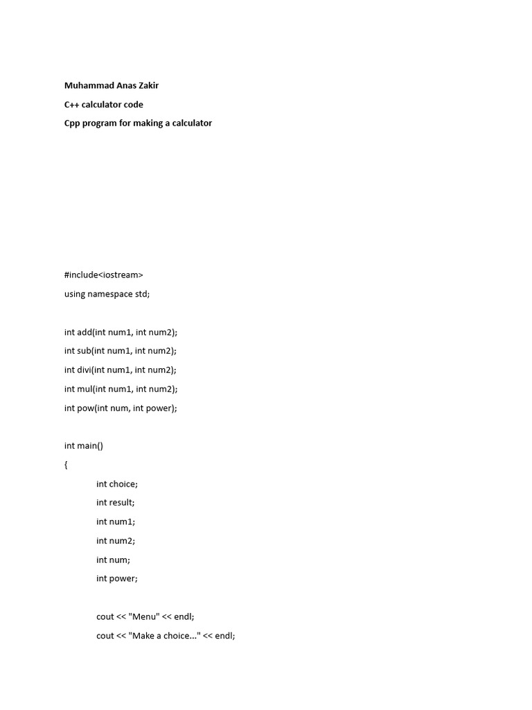 C++ Simple Calculator Program | PDF