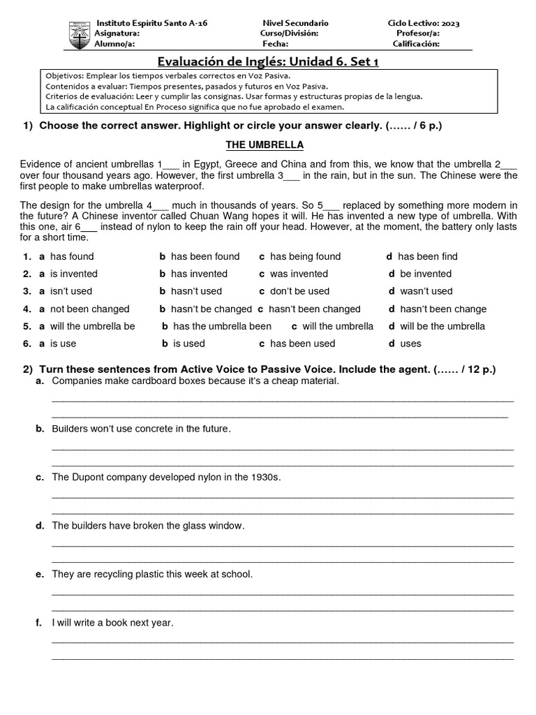 Passive Voice Assessment Unit 6 | PDF