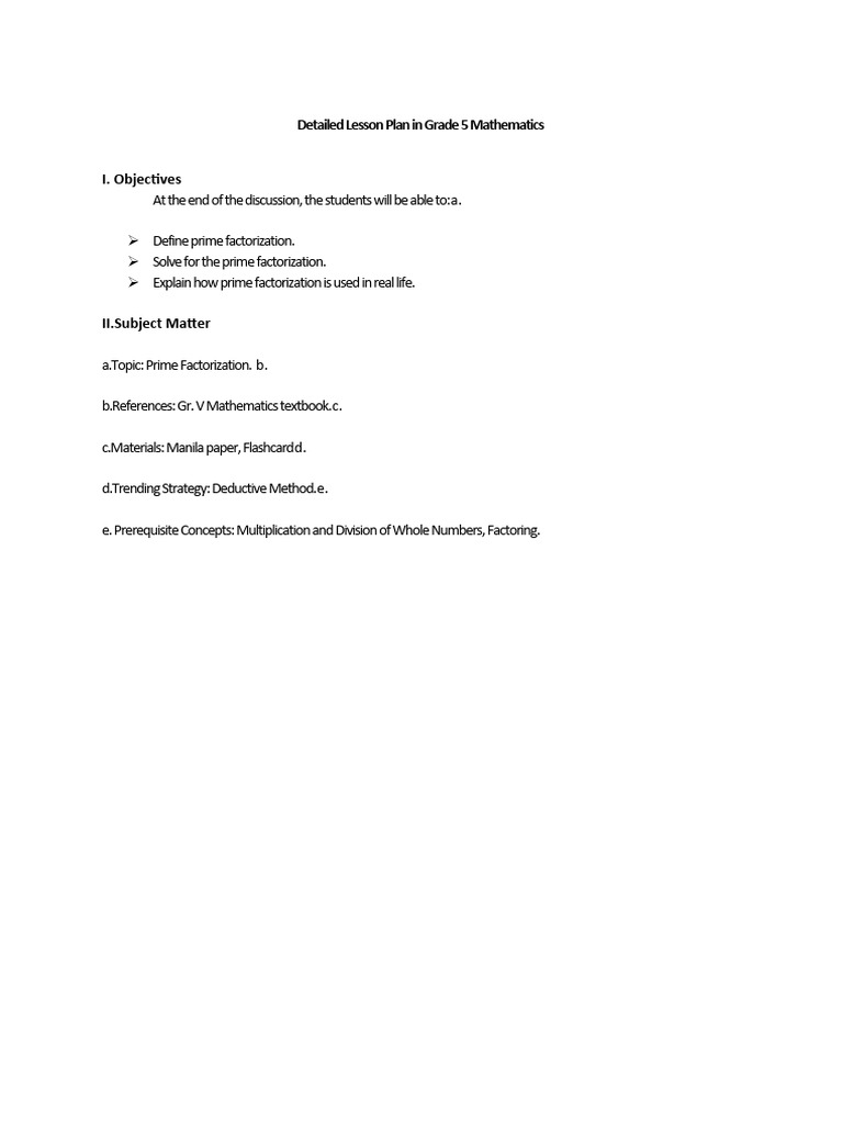 Grade 5 Prime Factorization Lesson Plan | PDF | Teaching Methods ...