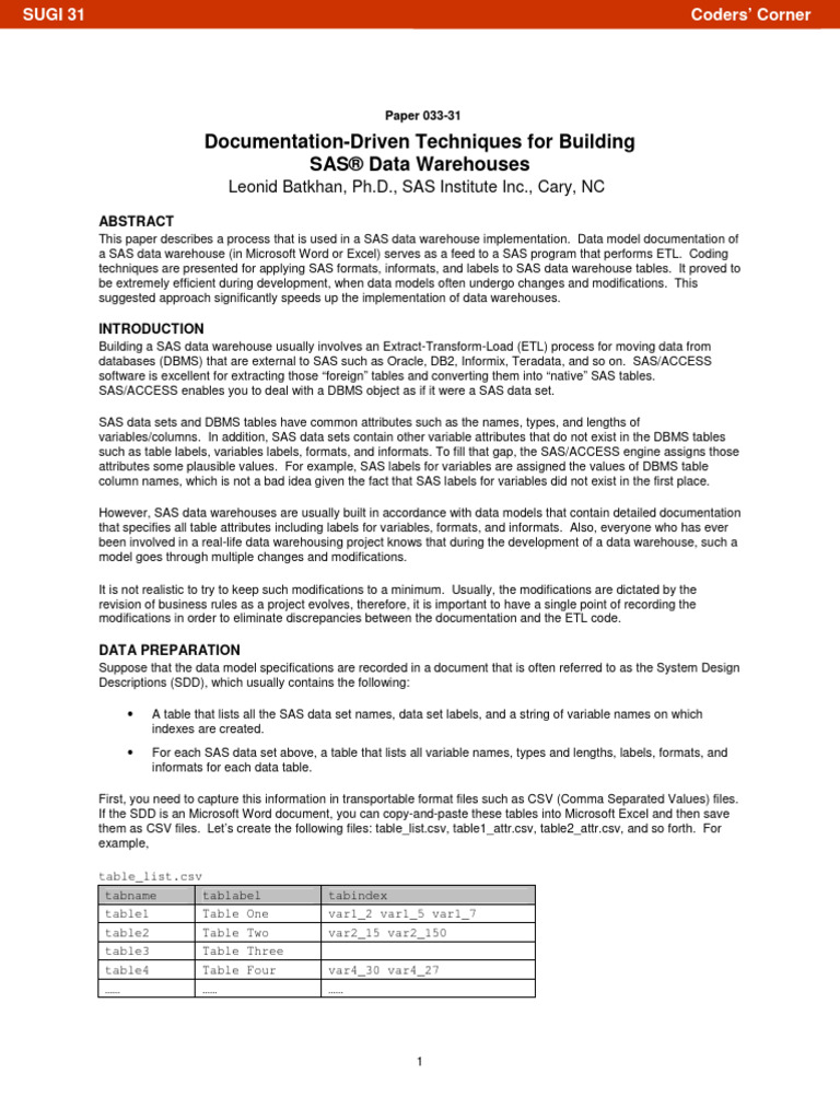 Documentation-Driven Techniques For Building SAS® Data Warehouses | PDF ...