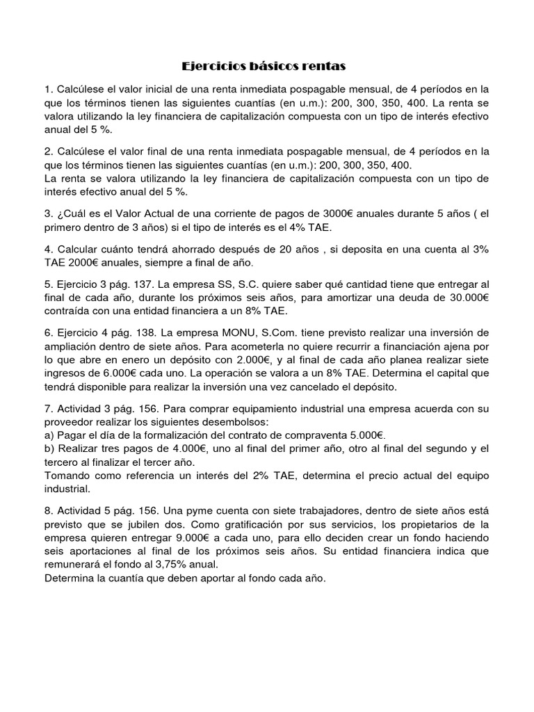 Ejercicios de cálculo de rentas y ahorros | PDF | Negocios | Finanzas y ...