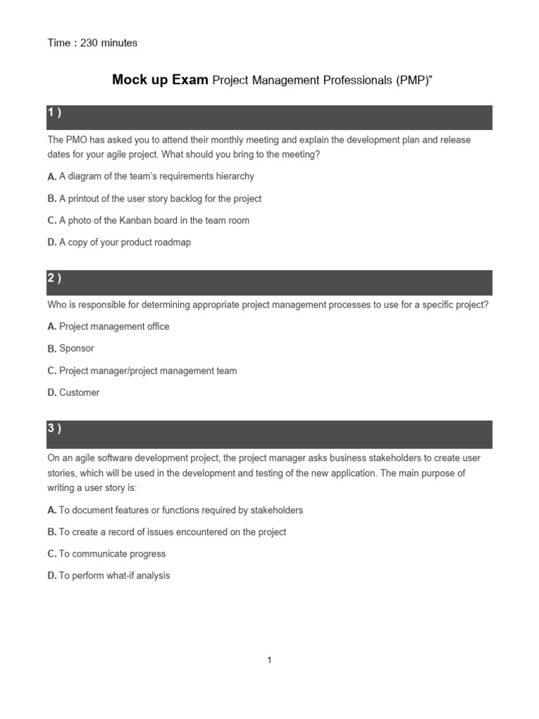 Mock Up Exam: Project Management Professionals (PMP) 