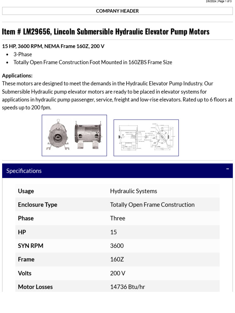 LM29656 Lincoln Submersible Hydraulic Elevator Pump Motors PDF