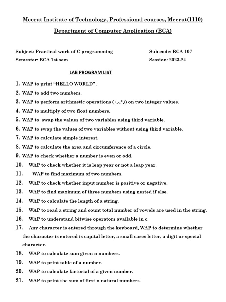 C Programming Lab List | PDF