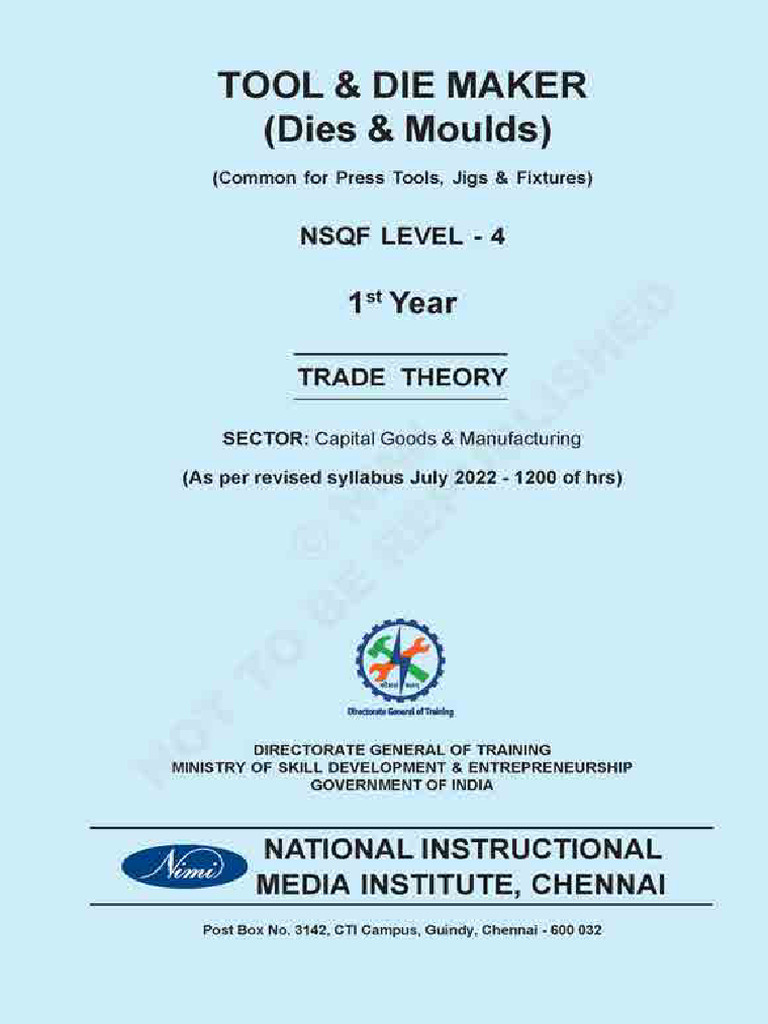 Tool and Die Maker (Press Tools, Jigs and Fixtures) 1st Year Trade Theory (2022) PDF