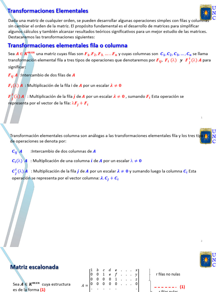 Módulo III. 2 Matrices. Transf Elementales, Matriz Escalonada, Rango ...