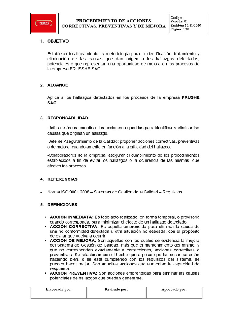 Procedimiento de Acciones Correctivas, Preventivas y de Mejora | PDF ...