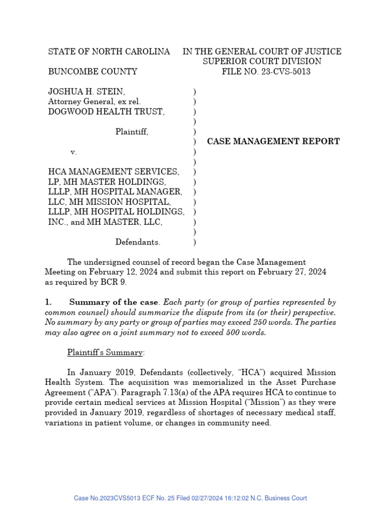 Stein Ex Rel Dogwood V HCA Case Management Report FINAL Download Free PDF Discovery (Law