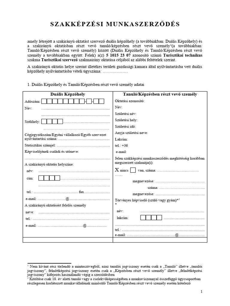Szakképzési Munkaszerződés 11T Turisztikai Technikus Porpáczy 1 | PDF