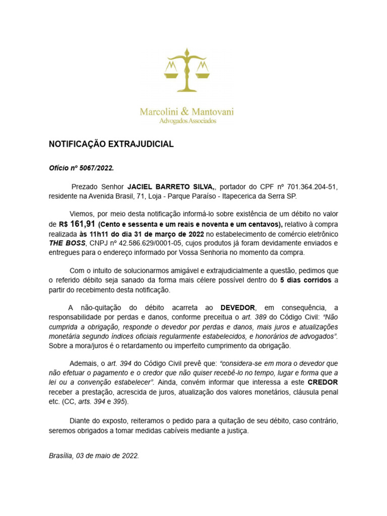 Notificação Extrajudicial Jaciel Barreto Silva | PDF