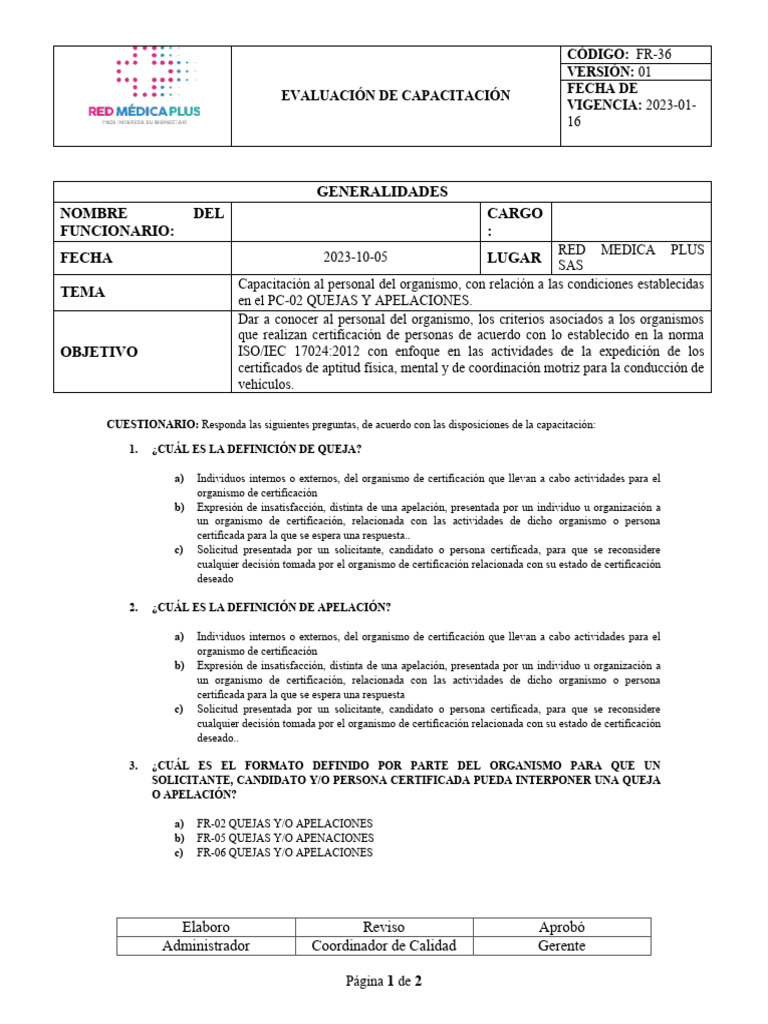 Evaluacion de La Capacitacion | PDF