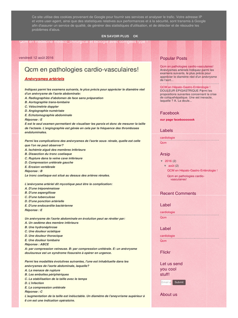 QCM Médecine : Anévrysmes Artériels | PDF | Infarctus du myocarde | Aorte