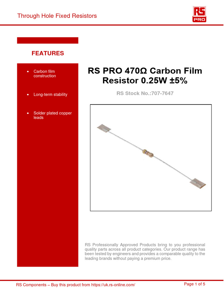 RS PRO 470Ω Carbon Film Resistor 0.25W ±5%: Features | PDF | Home ...