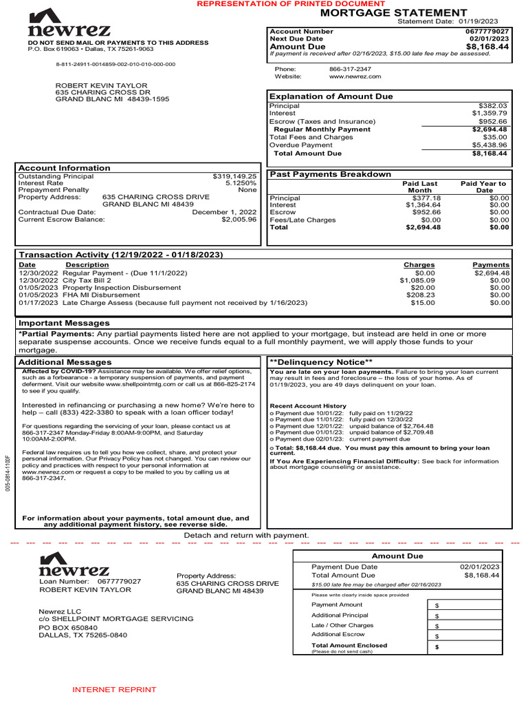 Mortgage Statement for Robert Taylor | PDF | Refinancing | Loans