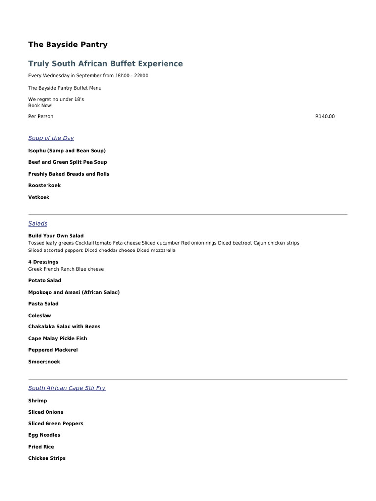 Bayside Pantry South African Buffet Menu | PDF | Salad | Sauce