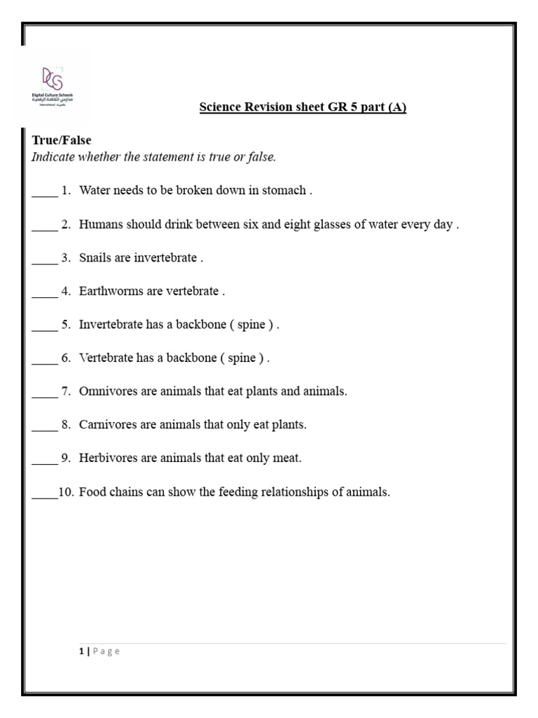 Worksheet GR5 Science | PDF | Nutrients | Zoology
