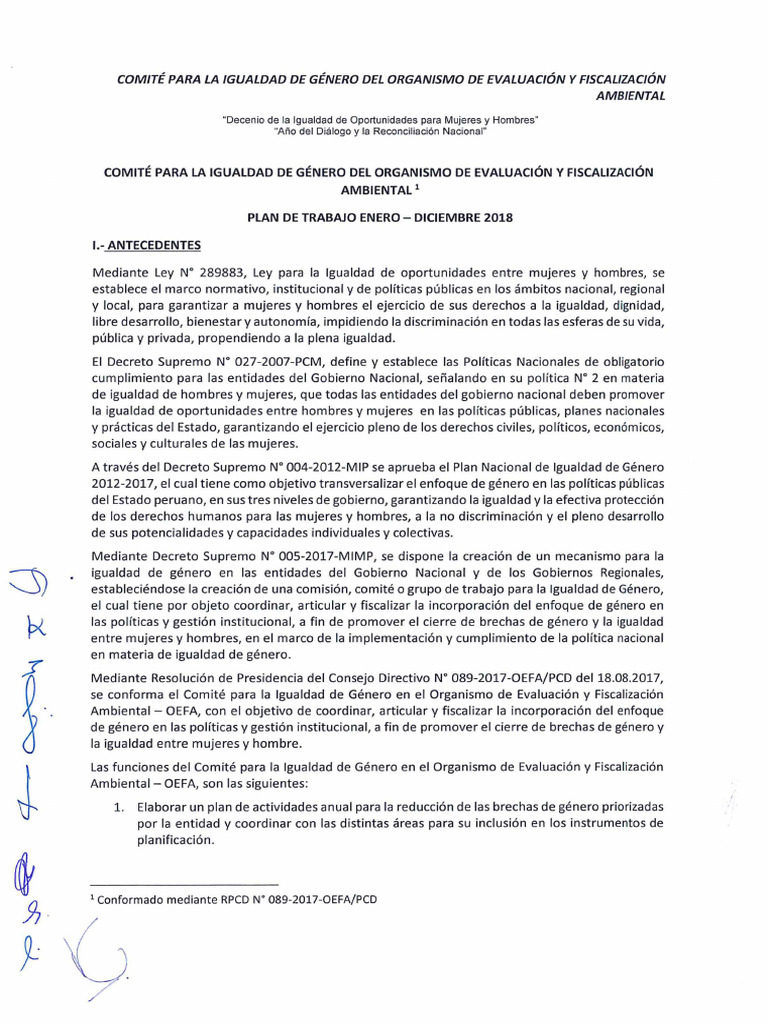 Plan de Trabajo 2018: Igualdad de Género OEFA | PDF | Igualdad de ...