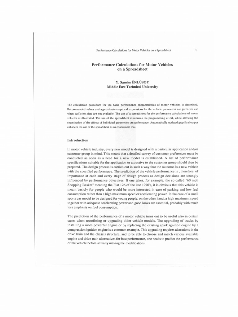 Performance Calculations For Motor Vehicles On A Spreadsheet | PDF