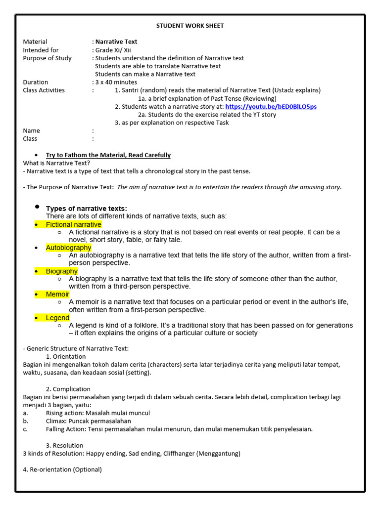 Narrative Text Worksheet for Students | PDF | Language Arts & Discipline