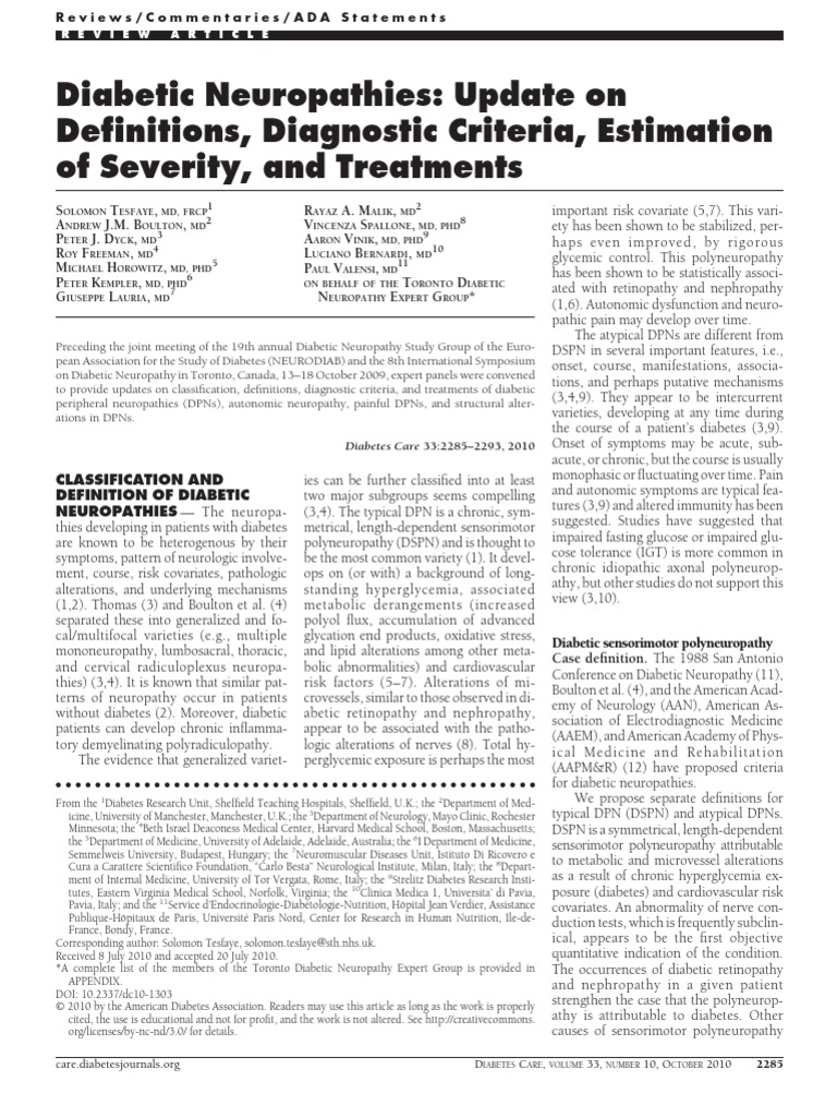 2010 Diabetic Neuropathies Update on Definitions Diagnostic