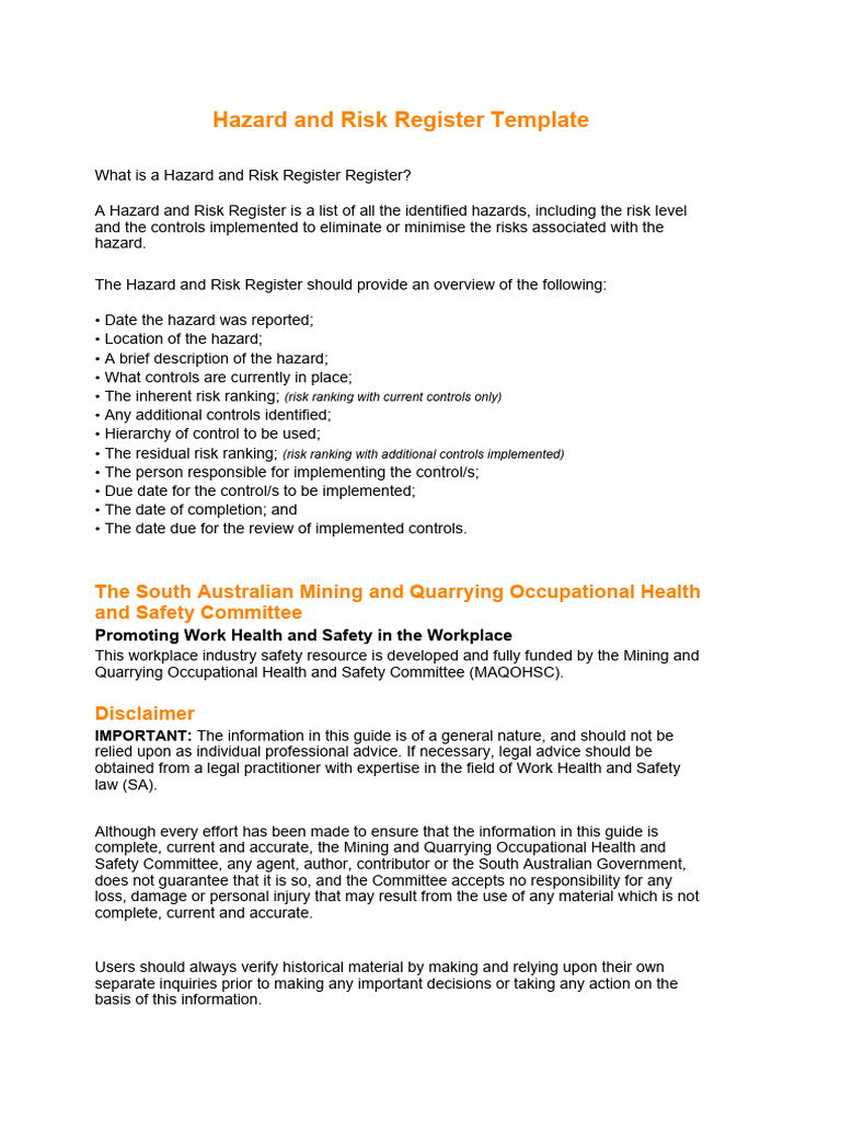 Hazard and Risk Register Template | PDF | Occupational Safety And ...